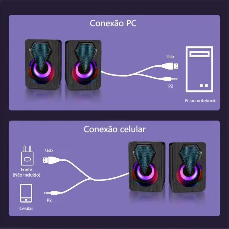 Caixa de som Pc Gamer Com Luz RGB Estéreo 2.0